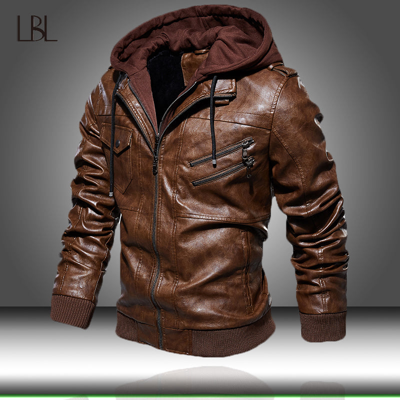 Men's PU Leather Jacket Men Motorcycle Hood Winter Coat Man Warm Casual Leather Jackets