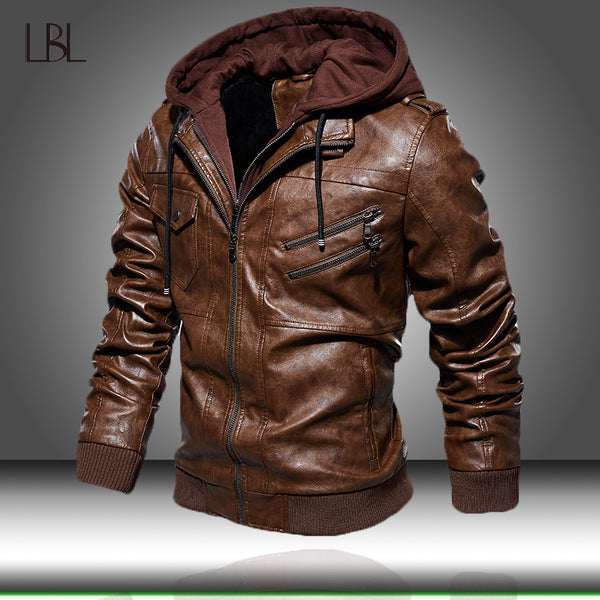 Men's PU Leather Jacket Men Motorcycle Hood Winter Coat Man Warm Casual Leather Jackets